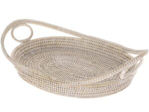 kouboo la jolla oval rattan tray with looped handles, white wash, small