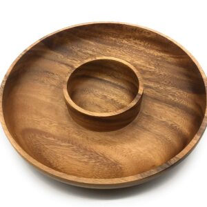 SDS Home Imports Acacia Wood Chip n Dip Bowl For Salsa and Chips Party Elegant Tray Round 9" WIDE 4" Dipping Hole