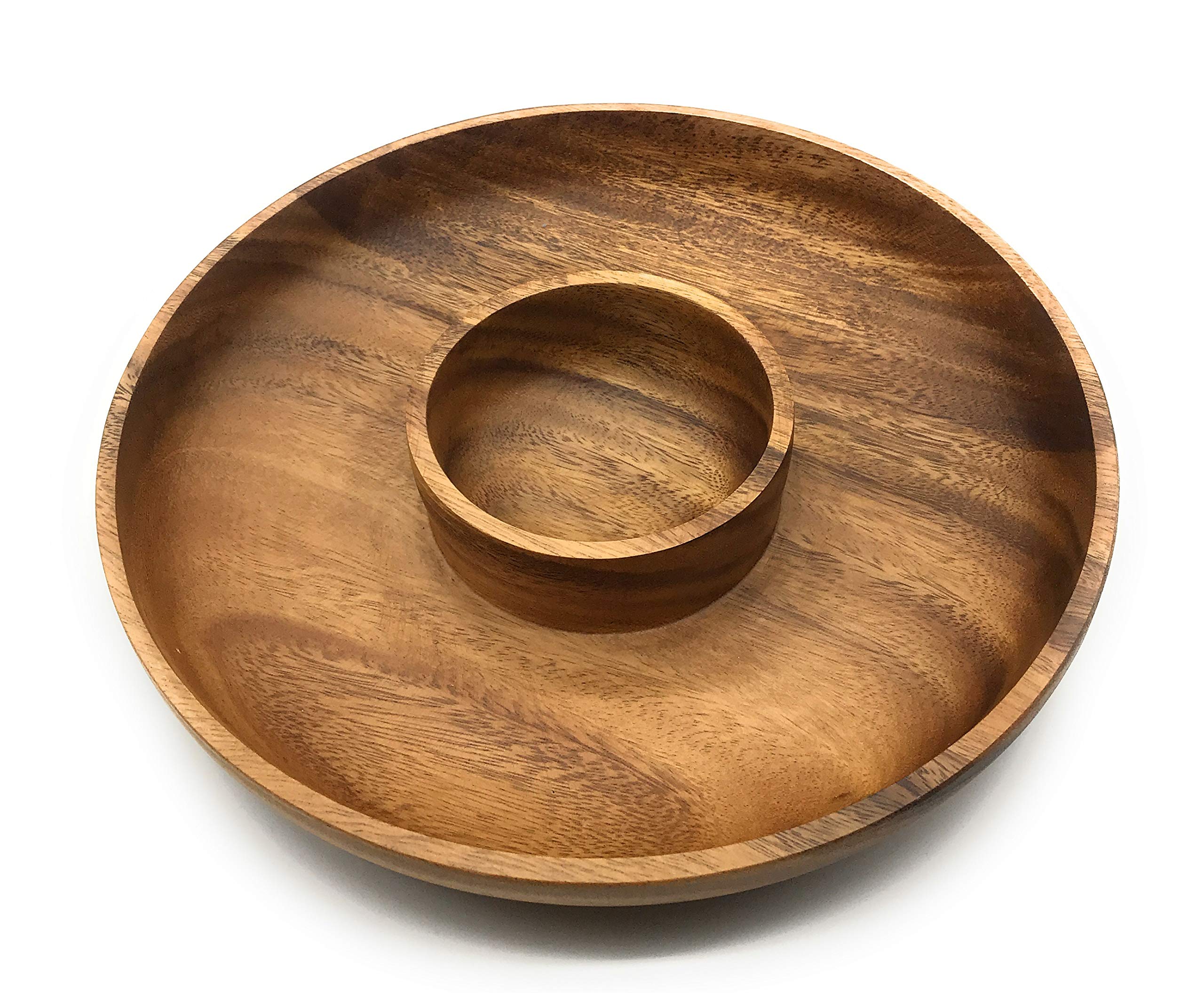 SDS Home Imports Acacia Wood Chip n Dip Bowl For Salsa and Chips Party Elegant Tray Round 9" WIDE 4" Dipping Hole