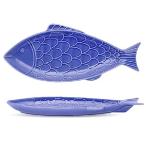 chuangrun fish shaped plate, 15 inch ceramic fish plate, large blue serving platter, snack storage serving platter, for restaurants home kitchen accessories