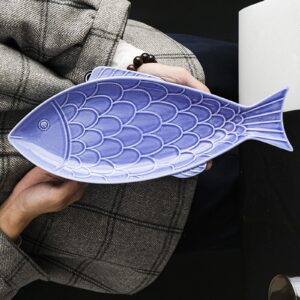 CHUANGRUN Fish Shaped Plate, 15 Inch Ceramic Fish Plate, Large Blue Serving Platter, Snack Storage Serving Platter, for Restaurants Home Kitchen Accessories