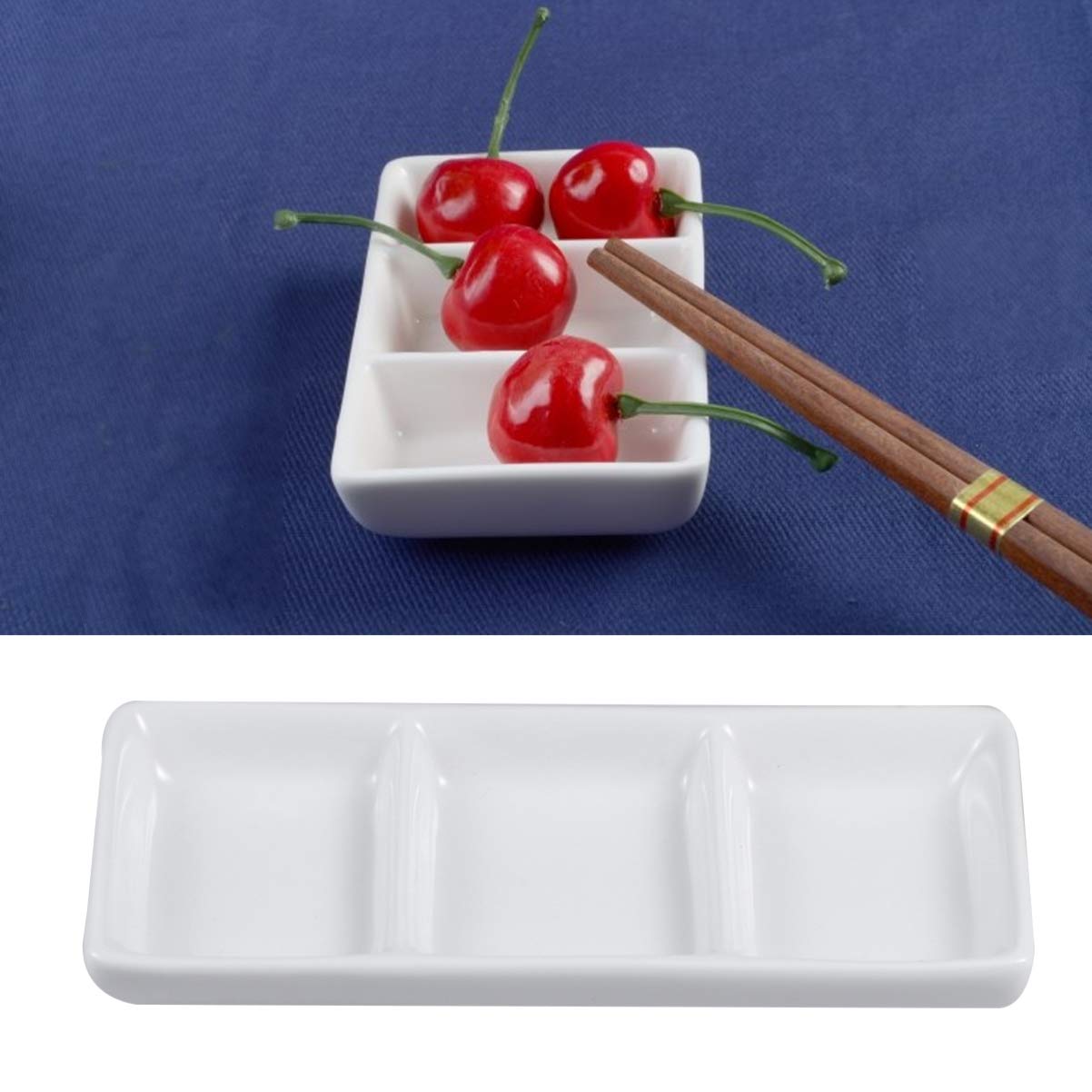 Cabilock White Tray White Tray 8.5 Inch White Ceramic 3-Compartment Appetizer Serving Tray Rectangular Divided Sauce Dishes Seasoning Serving Tray for Dish Soy Sauce Appetizer Fruit Tray Fruit Tray