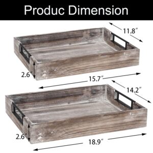 Adeco Rustic Wood Serving Trays Set | Nesting Wooden Tray with Black Sleek Metal Handles | Vintage Wood Platters for Kitchen, Dining Room, Living Room| Large:18.9X2.6X14.2” - Small:15.7X2.6X11.8”