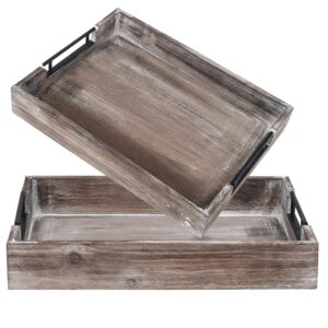 Adeco Rustic Wood Serving Trays Set | Nesting Wooden Tray with Black Sleek Metal Handles | Vintage Wood Platters for Kitchen, Dining Room, Living Room| Large:18.9X2.6X14.2” - Small:15.7X2.6X11.8”