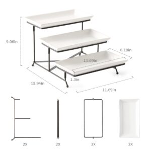 LAUCHUH 3 Tier Serving Stand Collapsible Sturdier Rack with 3 Porcelain Serving Platters Tier Serving Trays for Fruit Dessert Presentation Party Display Set