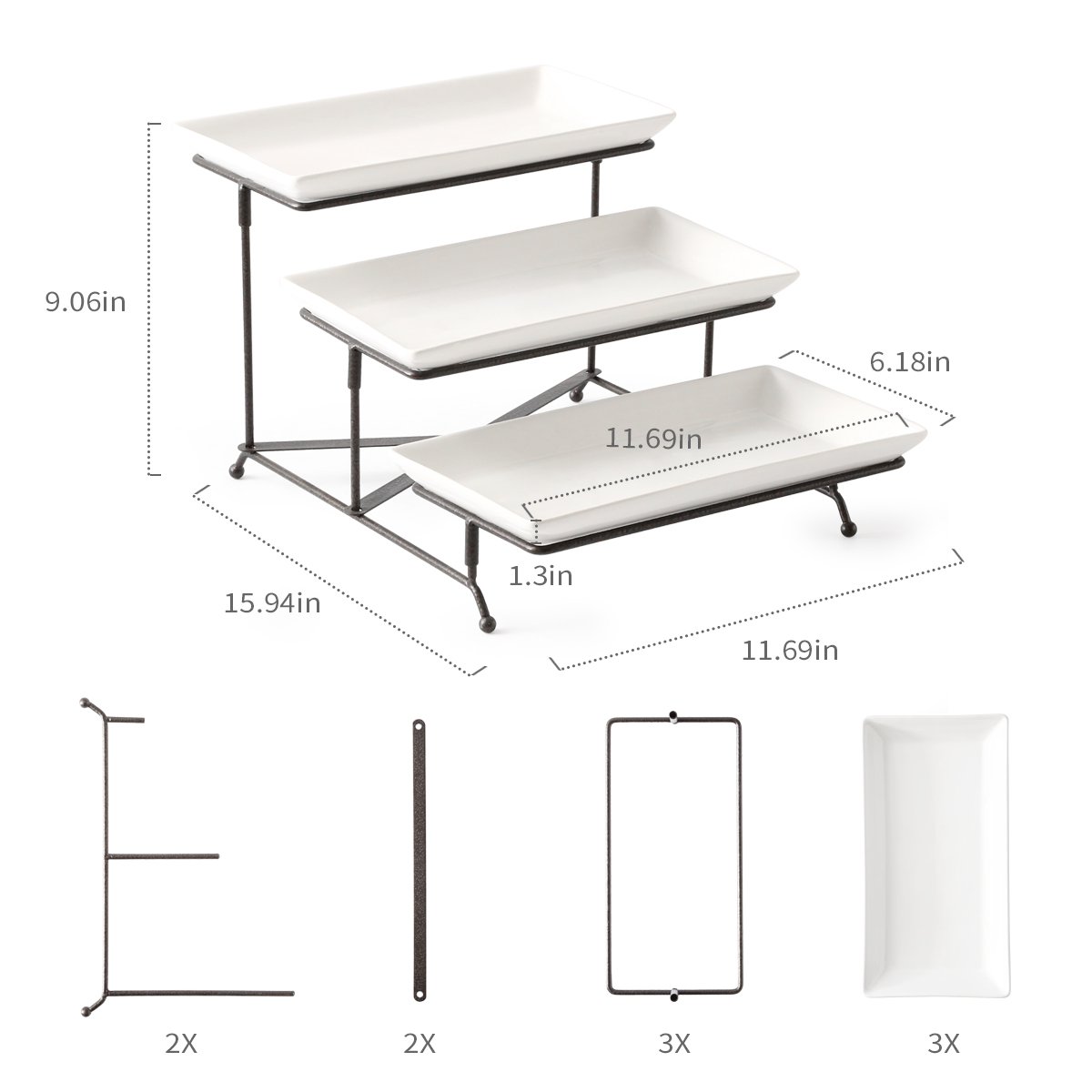 LAUCHUH 3 Tier Serving Stand Collapsible Sturdier Rack with 3 Porcelain Serving Platters Tier Serving Trays for Fruit Dessert Presentation Party Display Set