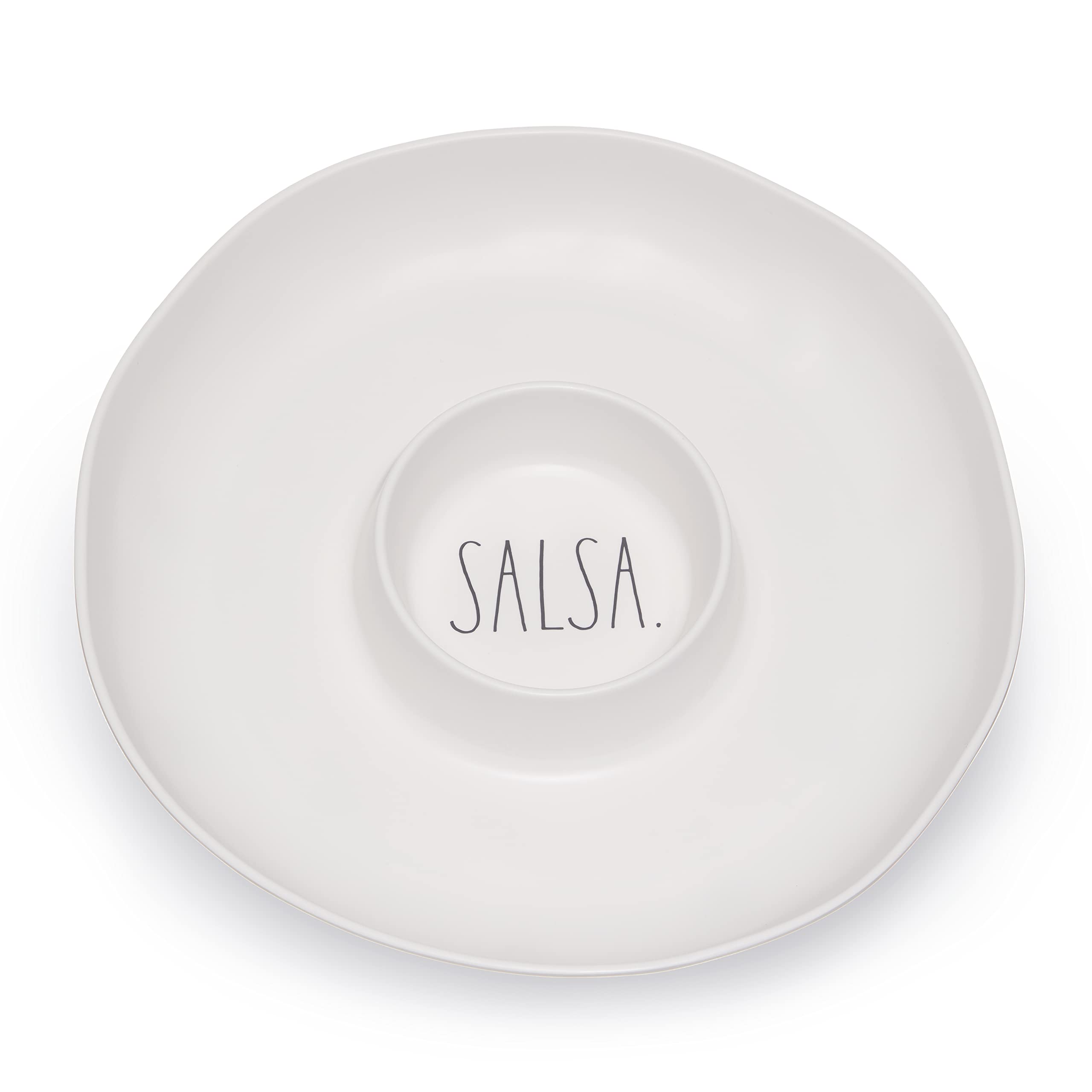 Rae Dunn Salsa and Chip Serving Bowl - White Melamine Appetizer Platter Set with Dip Cup for Salsa, Guacamole, Nacho, Vegetables, Taco Chip, Snacks and More