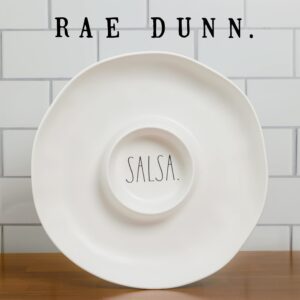 Rae Dunn Salsa and Chip Serving Bowl - White Melamine Appetizer Platter Set with Dip Cup for Salsa, Guacamole, Nacho, Vegetables, Taco Chip, Snacks and More