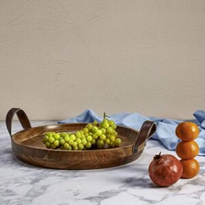 Mason Craft & More Acacia Wood Kitchen Dining Serveware- Natural Wood Sturdy Food Safe Hand Wash Tray with Faux Leather Handles, 16" Round Acacia Serving Tray