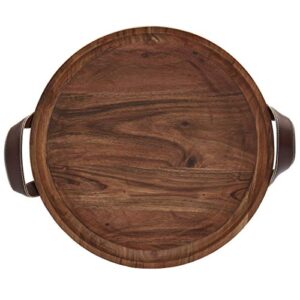 Mason Craft & More Acacia Wood Kitchen Dining Serveware- Natural Wood Sturdy Food Safe Hand Wash Tray with Faux Leather Handles, 16" Round Acacia Serving Tray