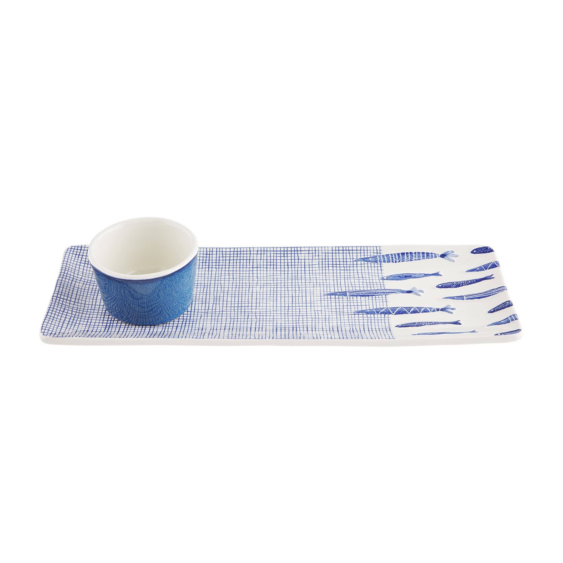 Mud Pie Fish Dip and Appetizer Set, Blue, Tray 4.4" x 13" | dip 2" x 3" Dia