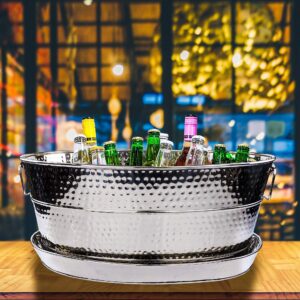 BREKX Metal Serving Tray 21" x 14" - Decorative Hammered Platter for Barware, Kitchenware, Coffee Tables (Stainless Steel)