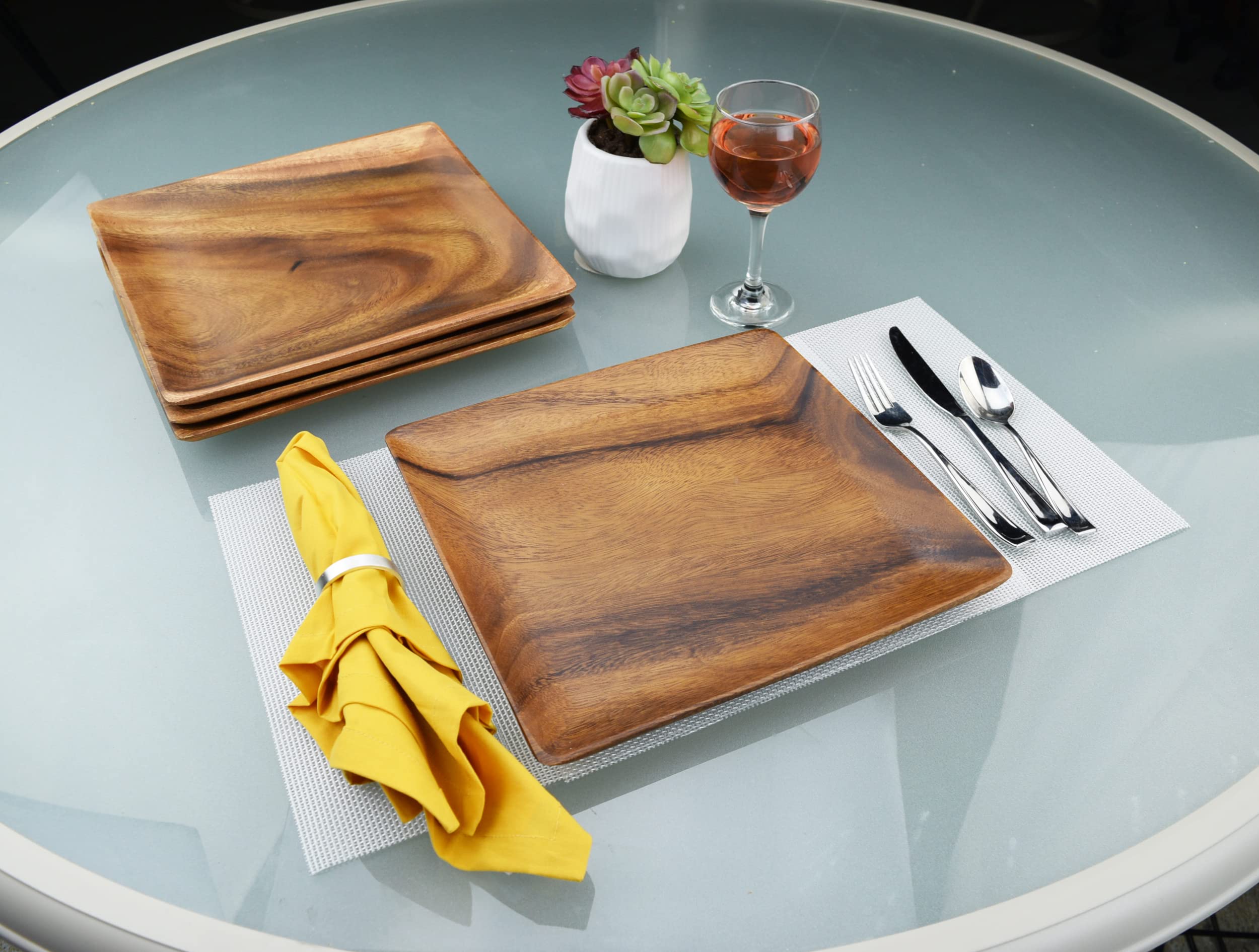 Pacific Merchants Acaciaware Acacia Wood Square Plate, Set of 4, 12" by .75". Sustainable, Hand Made, Large Square Tray For Charcuterie, Appetizers, Cheese, Sushi.