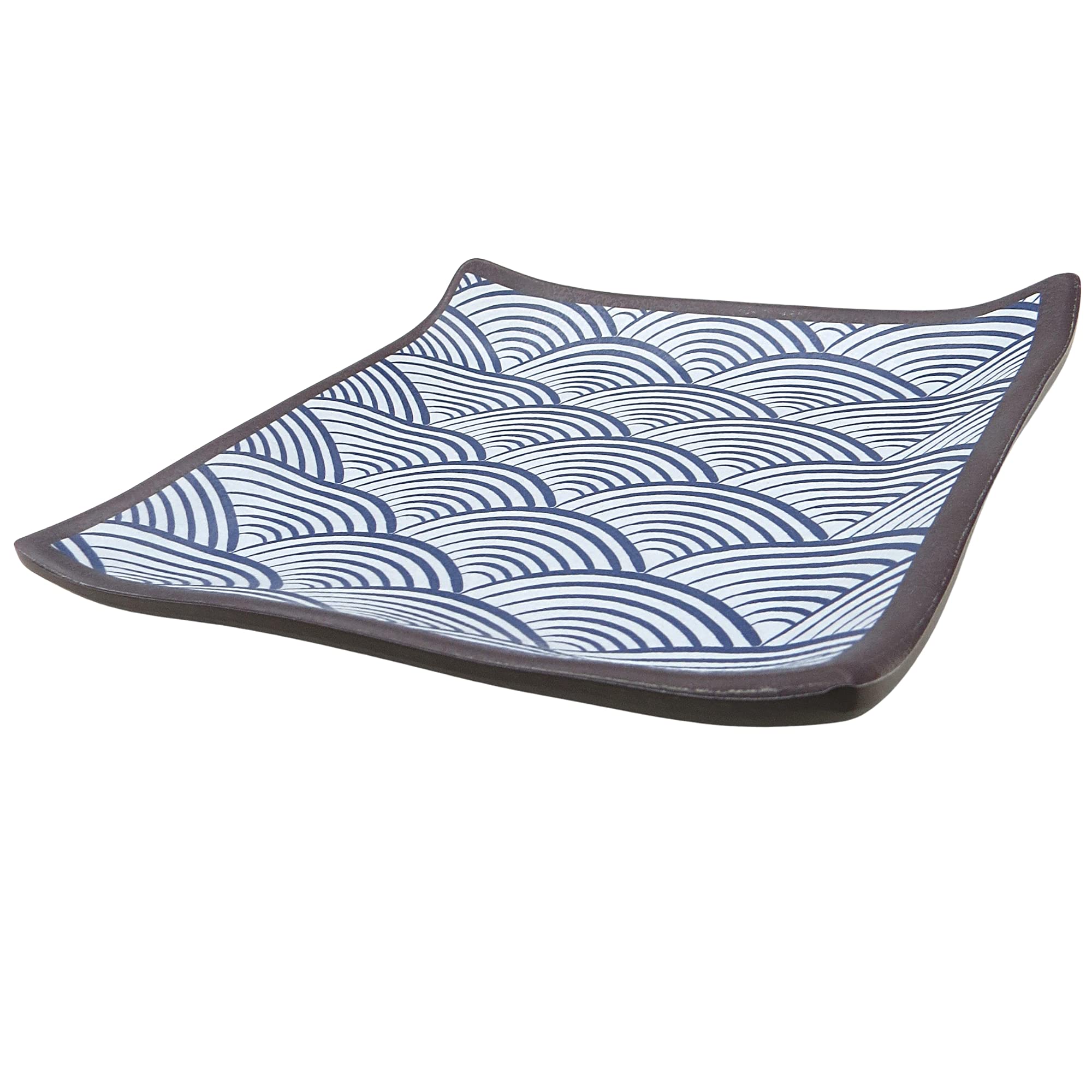 Needzo Melamine Square Japanese Dinner Plate Blue Seigaiha Wave Pattern, Sushi or H'orderves Serving Tray for Parties, 5.75 Inches