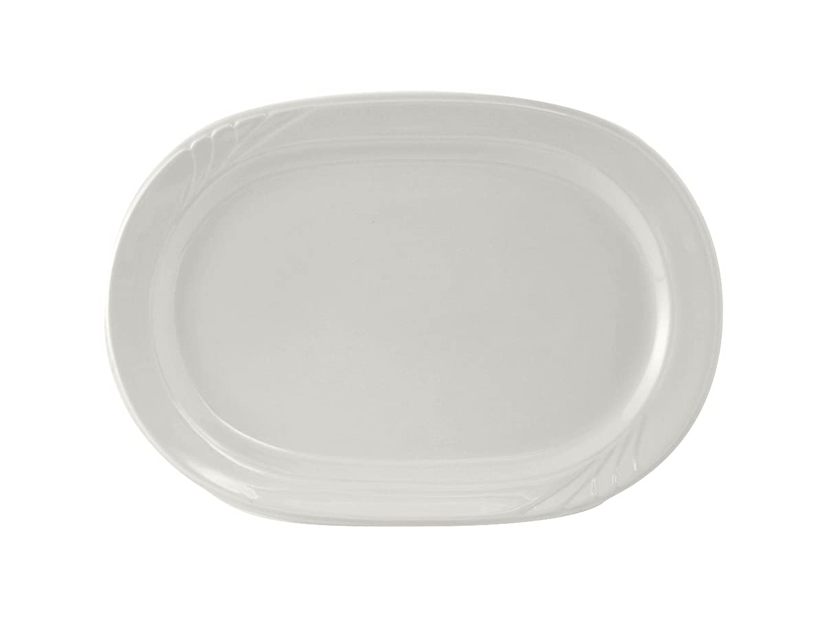 Tuxton China YPH-117 Racetrack Platter, 11-3/4" x 8-1/2", Oblong, Wide Rim, Embossed, Microwave & Dishwasher Safe, Oven Proof, Fully vitrified, Lead-Free, TuxCare, Healthcare, Sonoma, Pack of 12