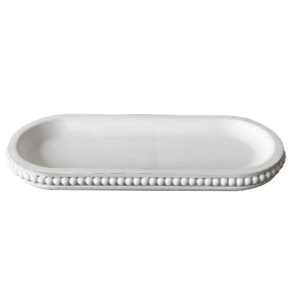 dwellington wooden farmhouse decorative tray, 12in rustic beaded tray for living room decor, kitchen table décor, oval coffee table serving tray (white)