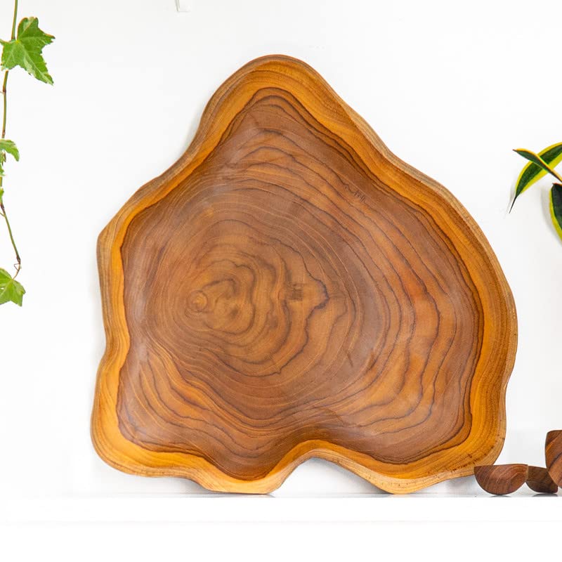 Rainforest Bowls 12" Amoeba Javanese Teak Wood Platter- Uniquely Shaped to Show Off Tree Ring Pattern- Ultra-Durable, Hot & Cold Friendly- Exclusive Custom Design Handmade by Indonesian Artisans