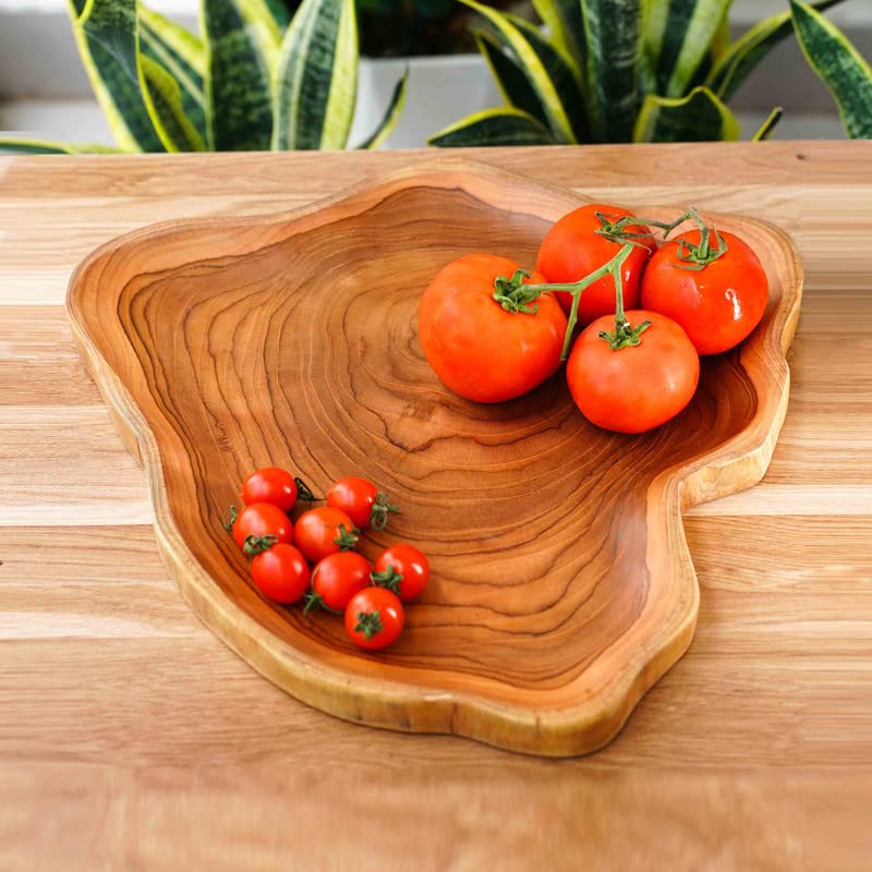 Rainforest Bowls 12" Amoeba Javanese Teak Wood Platter- Uniquely Shaped to Show Off Tree Ring Pattern- Ultra-Durable, Hot & Cold Friendly- Exclusive Custom Design Handmade by Indonesian Artisans