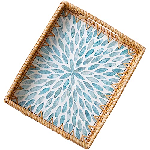 I-lan 14 Inch Rectangular Rattan Woven Tray Basket with Light Blue MOP Wooden Base and Handles, Boho Wicker Coffee Table Serving Tray Décor with 2 Inch Wall, Handmade Display Basket for Dining Room