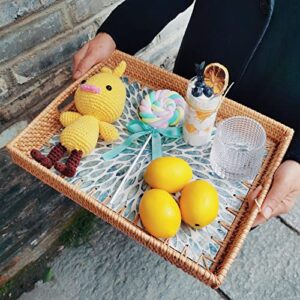 I-lan 14 Inch Rectangular Rattan Woven Tray Basket with Light Blue MOP Wooden Base and Handles, Boho Wicker Coffee Table Serving Tray Décor with 2 Inch Wall, Handmade Display Basket for Dining Room