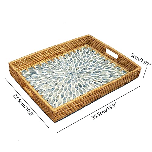 I-lan 14 Inch Rectangular Rattan Woven Tray Basket with Light Blue MOP Wooden Base and Handles, Boho Wicker Coffee Table Serving Tray Décor with 2 Inch Wall, Handmade Display Basket for Dining Room