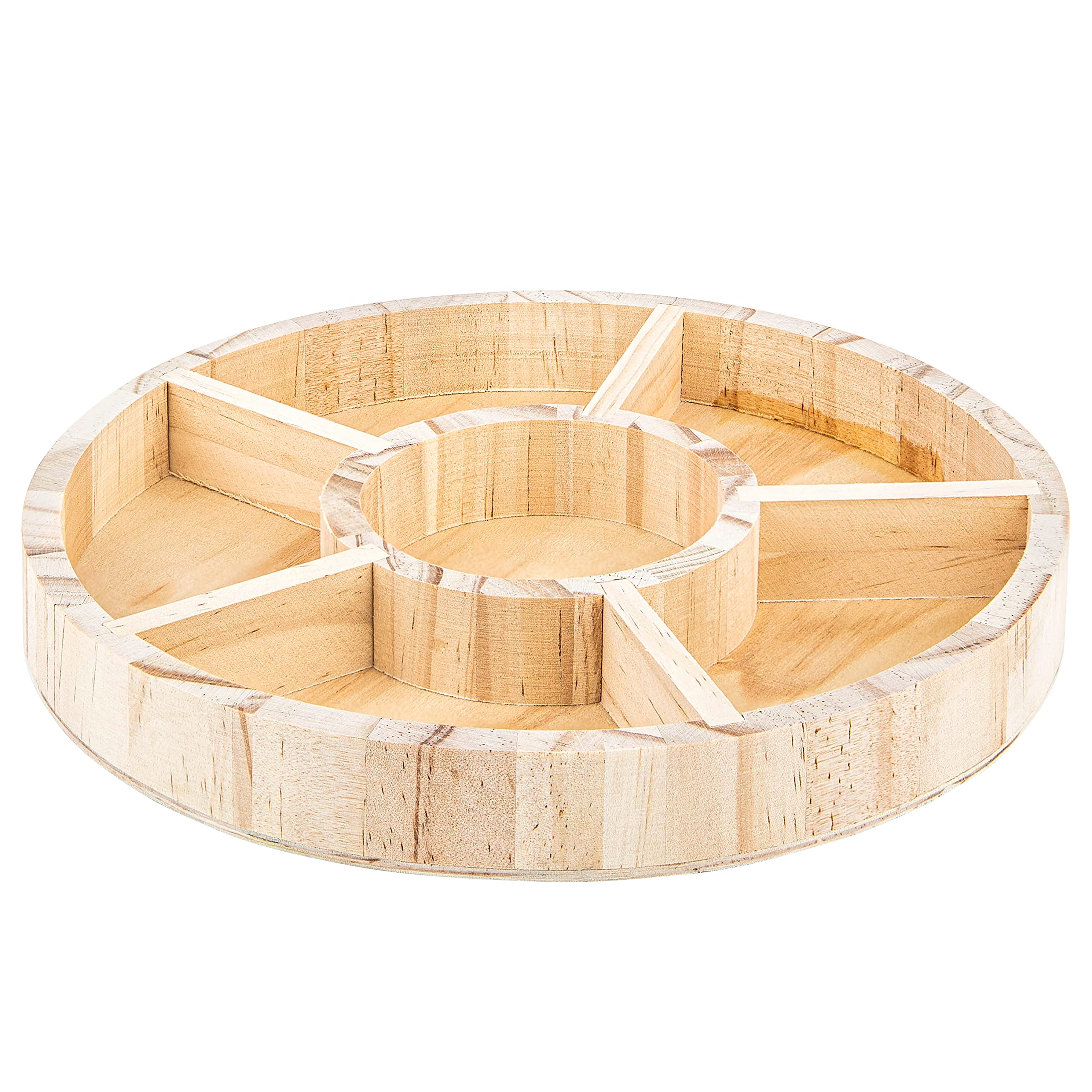 Wooden Tray with 6 Sections – 3 Pack Round Tray Chip and Dip Platter – Divided Serving Tray for Appetizers & Snacks – Veggie Platter - Food Trays for Party Montessori Wooden Trays - 8.5”x8.5”x1”