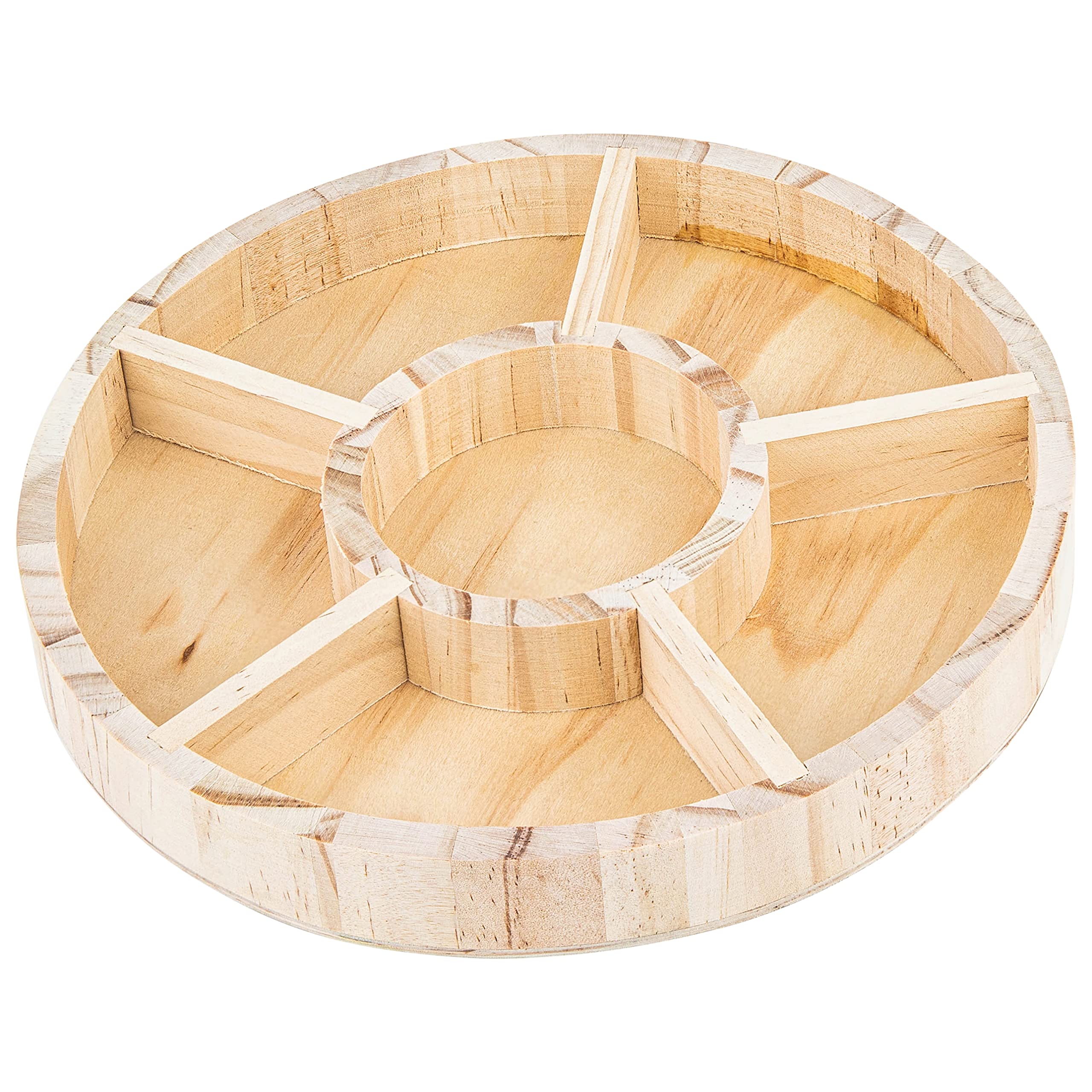 Wooden Tray with 6 Sections – 3 Pack Round Tray Chip and Dip Platter – Divided Serving Tray for Appetizers & Snacks – Veggie Platter - Food Trays for Party Montessori Wooden Trays - 8.5”x8.5”x1”