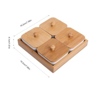 Ceramic Appetizer Serving Plate with Bamboo Tray Cover Snacks Tray fit for Wide Variety of Desktop Decoration(Four compartments with Cover)