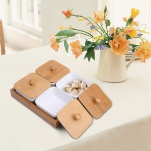 Ceramic Appetizer Serving Plate with Bamboo Tray Cover Snacks Tray fit for Wide Variety of Desktop Decoration(Four compartments with Cover)