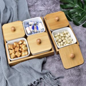 Ceramic Appetizer Serving Plate with Bamboo Tray Cover Snacks Tray fit for Wide Variety of Desktop Decoration(Four compartments with Cover)