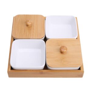 Ceramic Appetizer Serving Plate with Bamboo Tray Cover Snacks Tray fit for Wide Variety of Desktop Decoration(Four compartments with Cover)