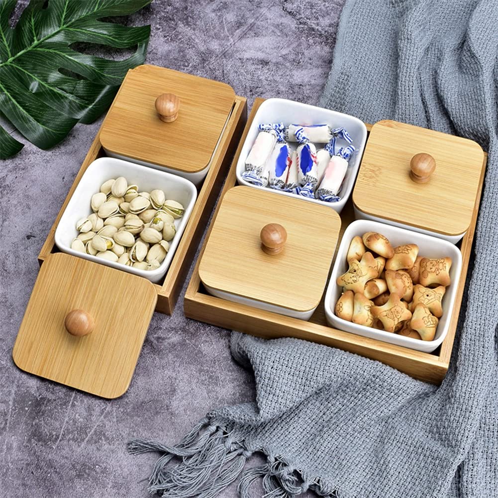 Ceramic Appetizer Serving Plate with Bamboo Tray Cover Snacks Tray fit for Wide Variety of Desktop Decoration(Four compartments with Cover)