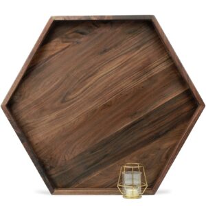 magigo 26 x 22 inches extra large hexagonal black walnut wood ottoman tray with handles, serve tea, coffee, classic hexagon wooden decorative serving tray