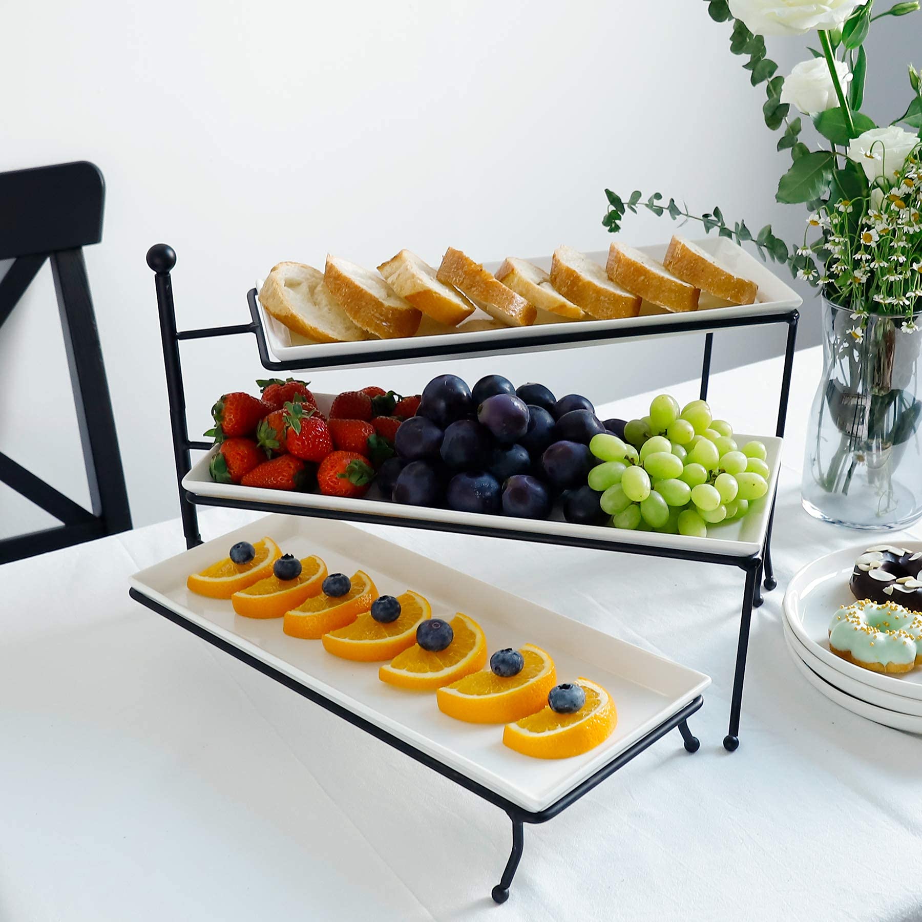 Sweese 731.101 3 Tiered Serving Stand, Foldable Rectangular Food Display Stand with White Porcelain Platters - Serving Trays, Dessert Display Server for Brithday Party, Valentine's Day and Events