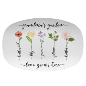 camcam custom birth month flowers platter mother's day gift personalized grandma's garden plate grandparent from grandkids large serving trays plates for fish dish, steak, 10x14''
