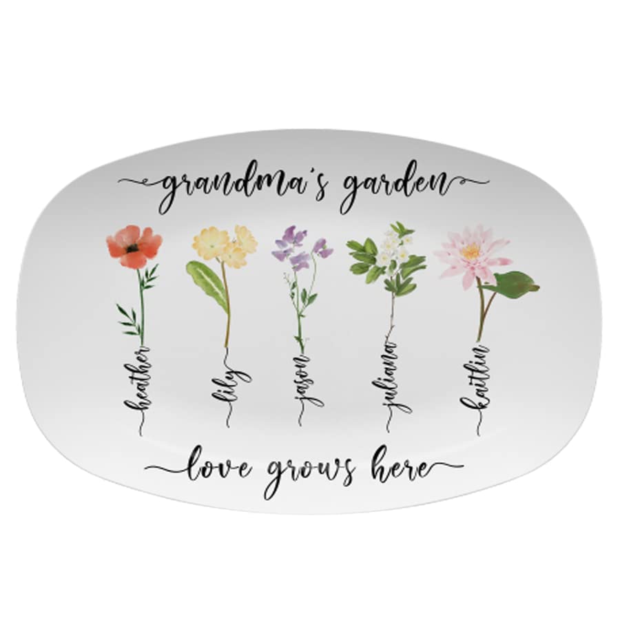 Camcam Custom Birth Month Flowers Platter Mother's Day Gift Personalized Grandma's Garden Plate Grandparent From Grandkids Large Serving Trays Plates for Fish Dish, Steak, 10x14''