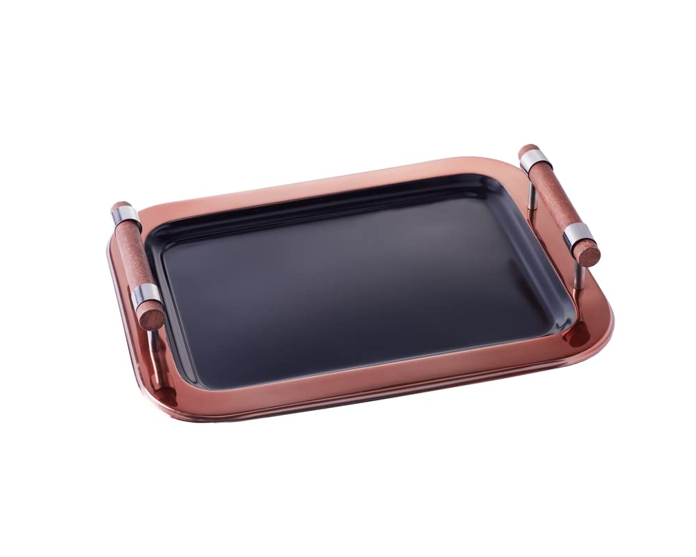 Sol Living Serving Tray for Parties - Rectangular Platter with Handles - Breakfast, Appetizers, Coffee - Non-Slip, Dishwasher Safe - Restaurants, Bars - Black Matte & Copper, 17.5" x 14" x 2.8"