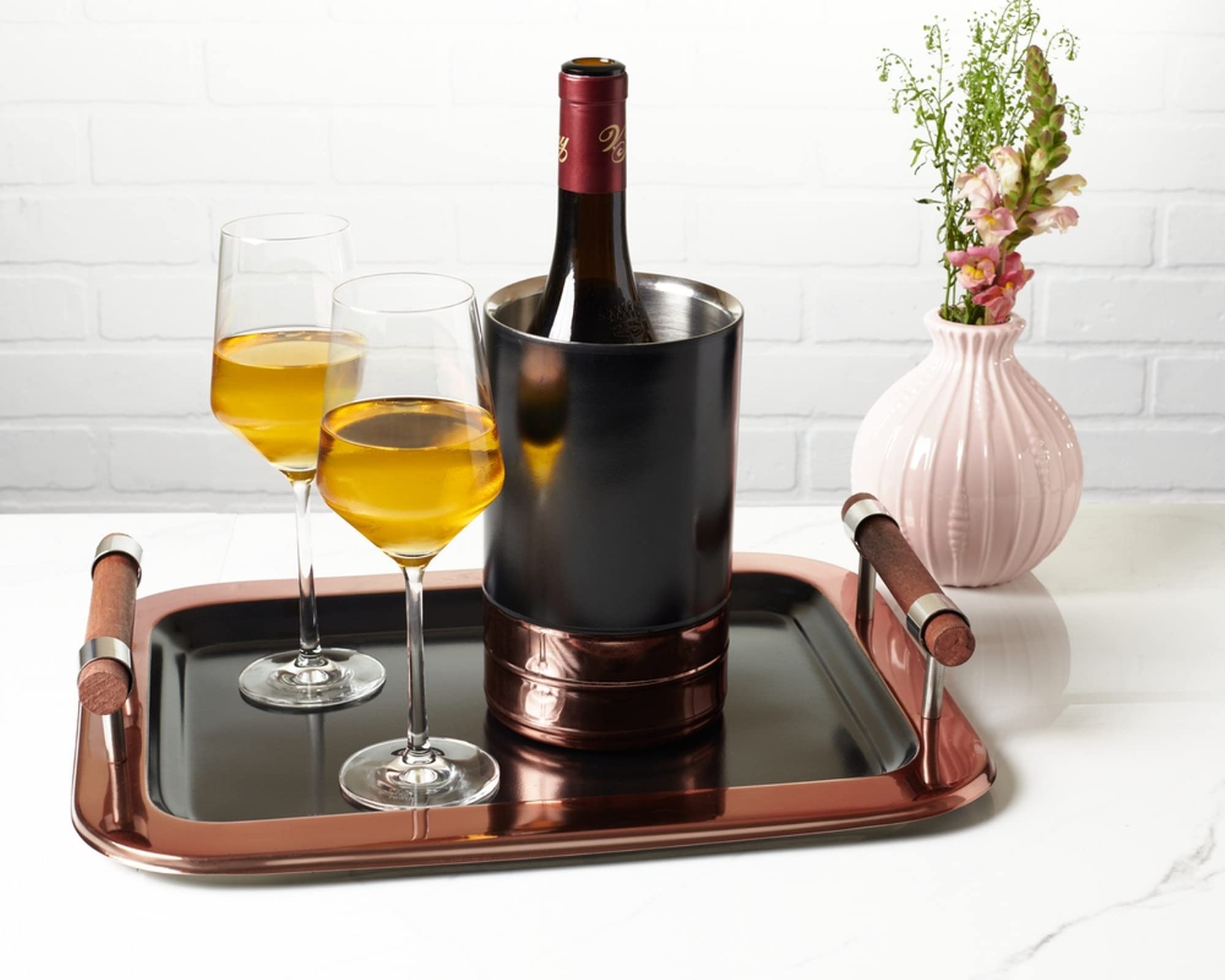 Sol Living Serving Tray for Parties - Rectangular Platter with Handles - Breakfast, Appetizers, Coffee - Non-Slip, Dishwasher Safe - Restaurants, Bars - Black Matte & Copper, 17.5" x 14" x 2.8"