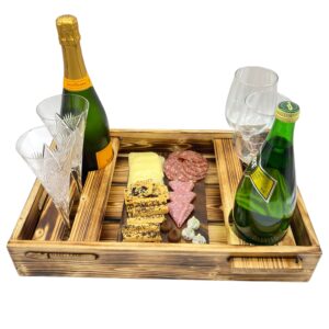 wine tray, dual glass rack, bottle holder, cut-out handle, with mini charcuterie board, for wine tastings, parties, bars. rustic, handmade of eco-friendly reclaimed torched pine wood