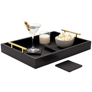 black serving tray for coffee table, 16x12 with coasters, decorative interchangeable gold andsilver handles
