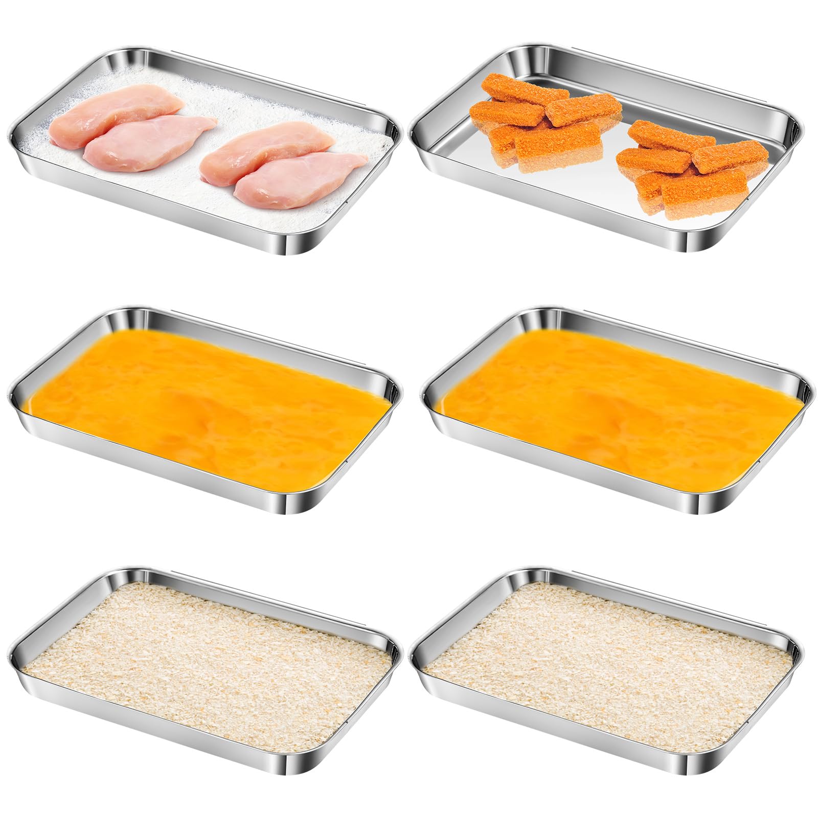 6 Pcs Breading Trays Stainless Steel Breading Pans Interlocking Grilling Prep Trays for Marinating Meat Chicken Coating Fish Preparing Breadcrumb Dishes Oven Safe