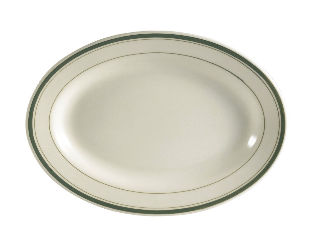 CAC China GS-13 11-1/2-Inch by 8-1/4-Inch Greenbrier Green Band Stoneware Oval Platter, American White, Box of 12