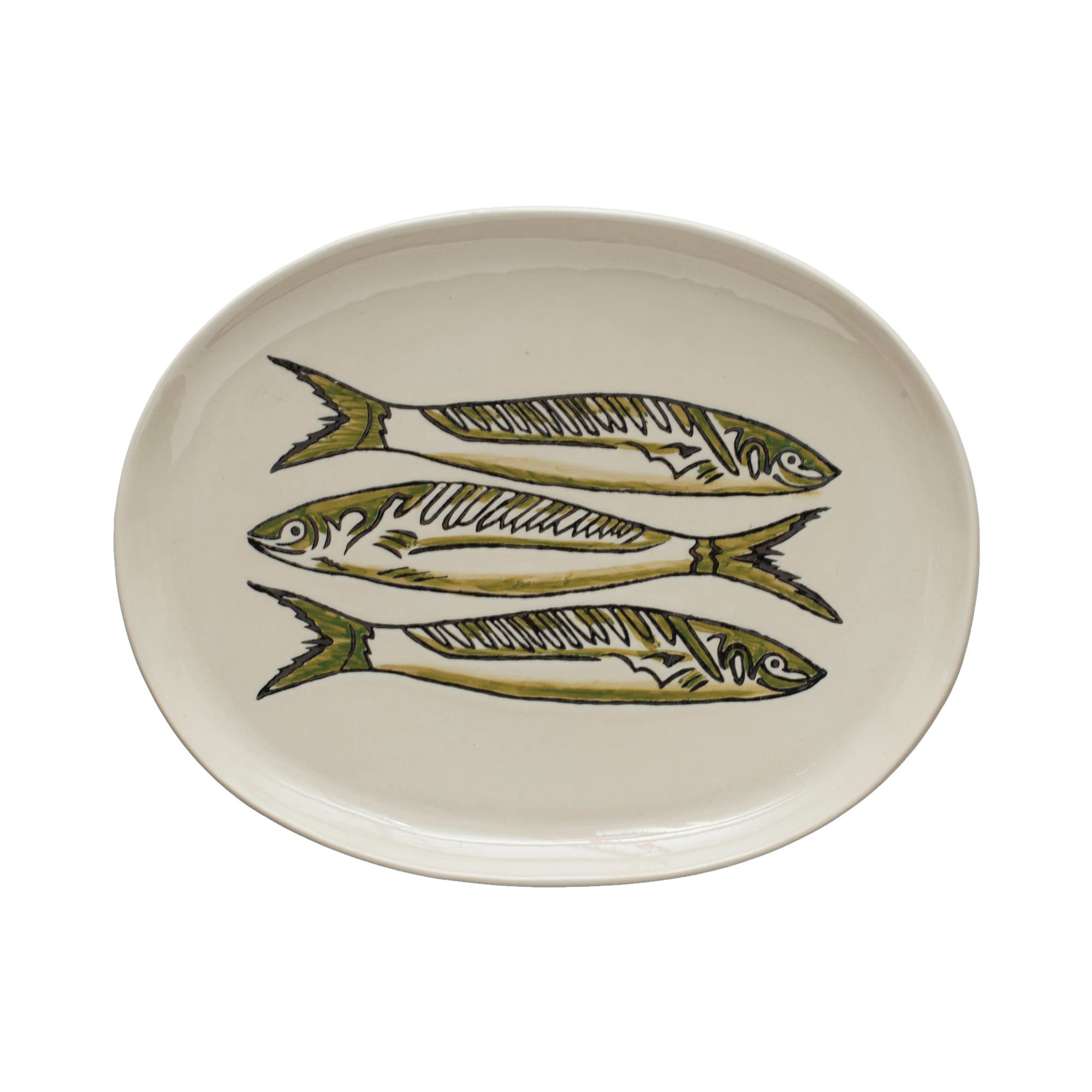 Creative Co-Op Stoneware Platter with Painted Fish, Multicolor Large