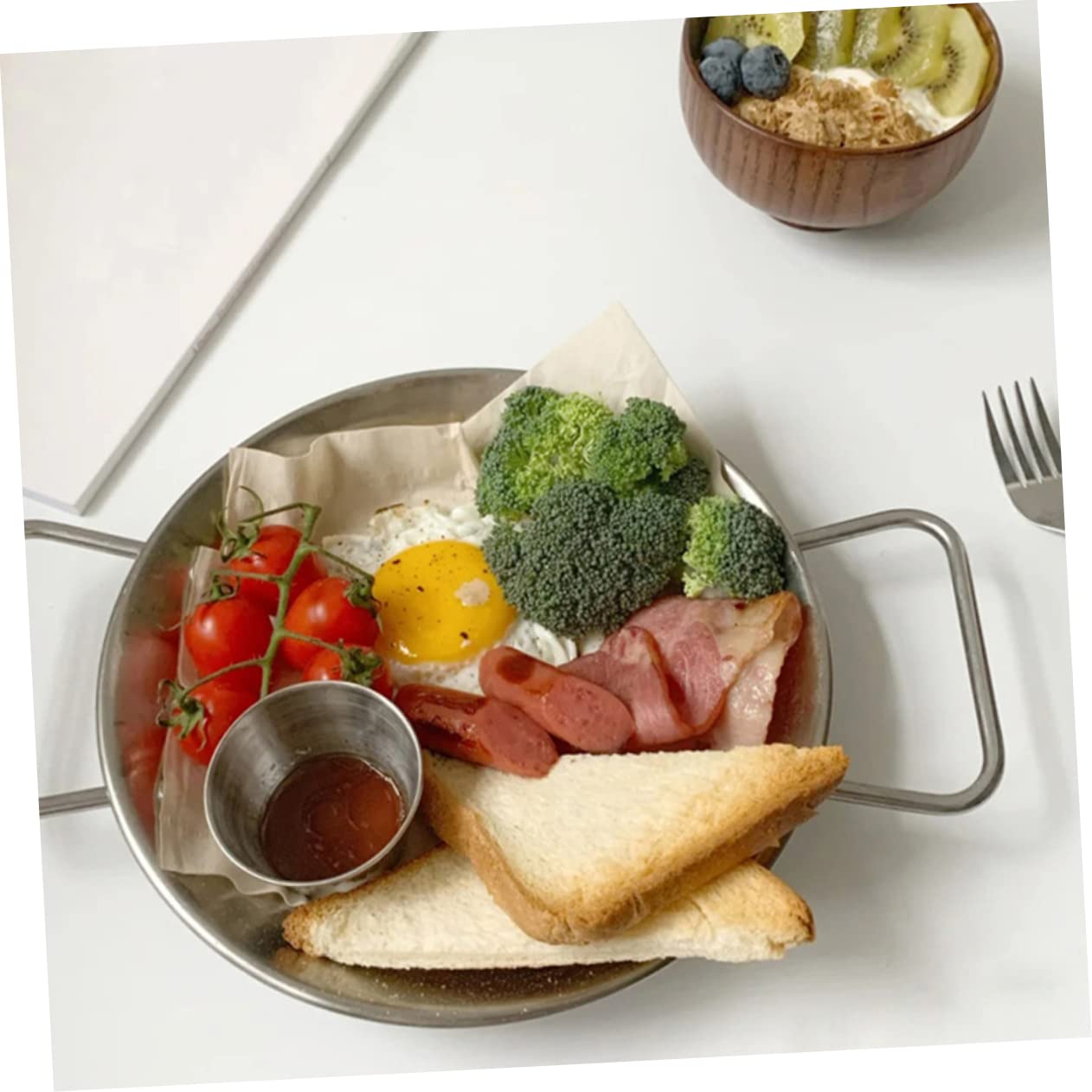 Mobestech 1pc Snack Stainless Dish Handles Cafeteria Serving Container Restaurant Double Home Steel with Fruit Camping Appetizer Party Dried Anti-scalding Tray Plates Food Dessert Cm Picnic