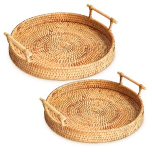 rattan round serving tray, 2 size hand-woven rattan tray serving tray with handles, wicker tray basket tray for bread fruit food coffee breakfast display