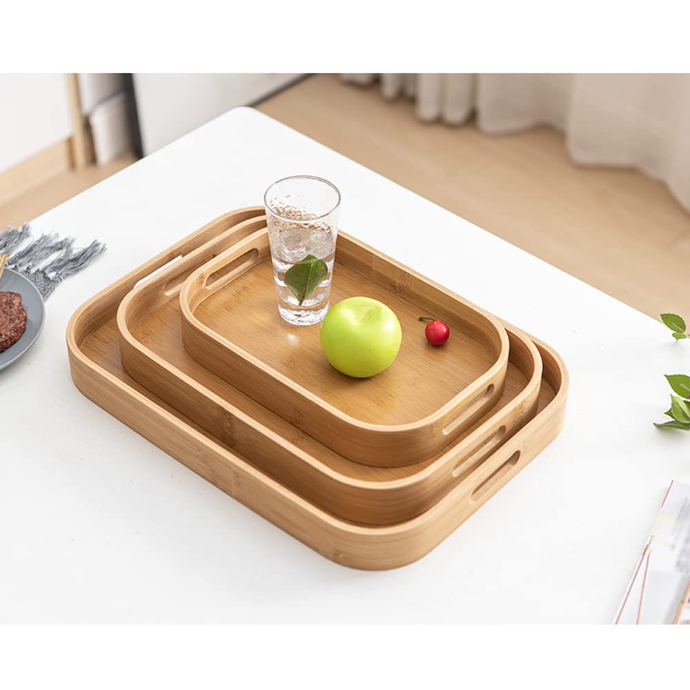 MysRuida Bamboo Serving Tray with Handles, Medium Nature Bamboo Breakfast Dinner Tray, Wooden Tea Coffee Food Tray for Kitchen, Living Room, Bar, Parties, 15.7 inch L x 11 inch W x 1.96 inch H