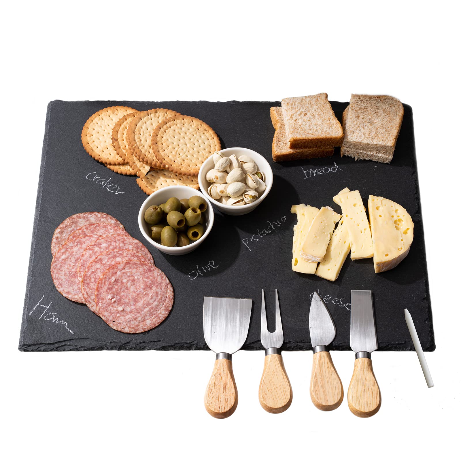 WLWNWFT 1 Pc 16 x 12 inch Slate Cheese Board Large Slate Board Set Slate Stone Board Slate Cheese Tray Serving Tray with 4 Knives Forks, 2 Ceramic Bowls and Chalk Christmas