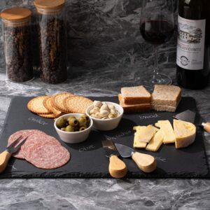 WLWNWFT 1 Pc 16 x 12 inch Slate Cheese Board Large Slate Board Set Slate Stone Board Slate Cheese Tray Serving Tray with 4 Knives Forks, 2 Ceramic Bowls and Chalk Christmas