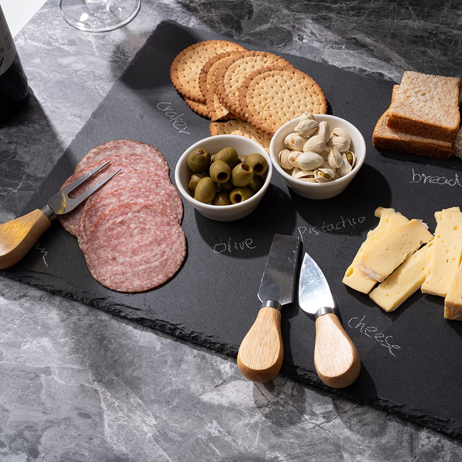 WLWNWFT 1 Pc 16 x 12 inch Slate Cheese Board Large Slate Board Set Slate Stone Board Slate Cheese Tray Serving Tray with 4 Knives Forks, 2 Ceramic Bowls and Chalk Christmas