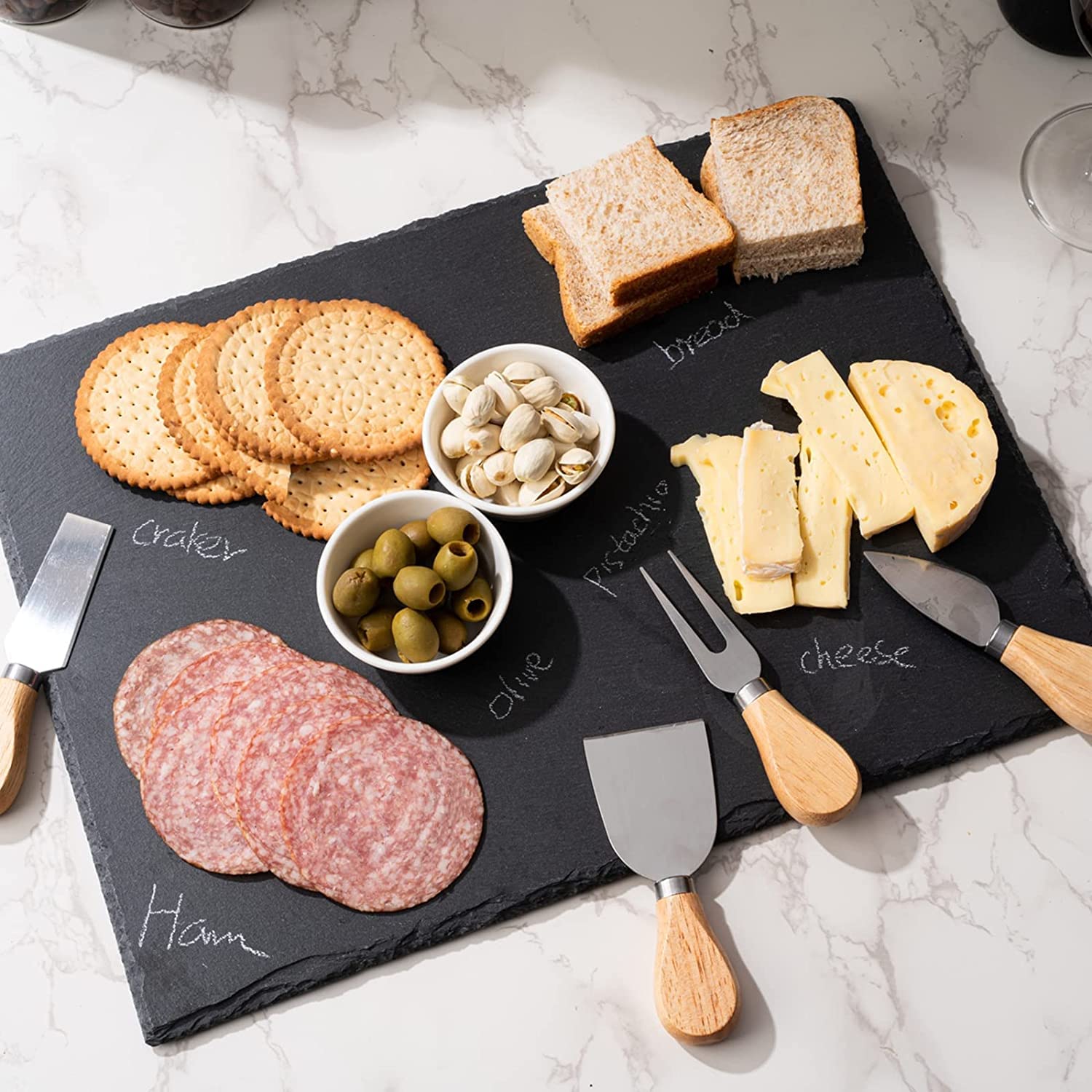 WLWNWFT 1 Pc 16 x 12 inch Slate Cheese Board Large Slate Board Set Slate Stone Board Slate Cheese Tray Serving Tray with 4 Knives Forks, 2 Ceramic Bowls and Chalk Christmas